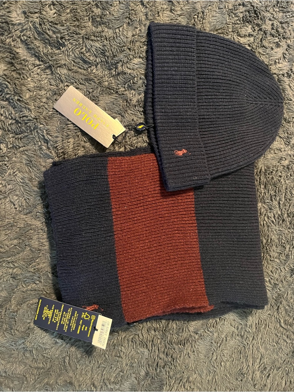 Polo by Ralph Lauren Navy and Burgundy Ribbed Knit Beanie & Scarf Set